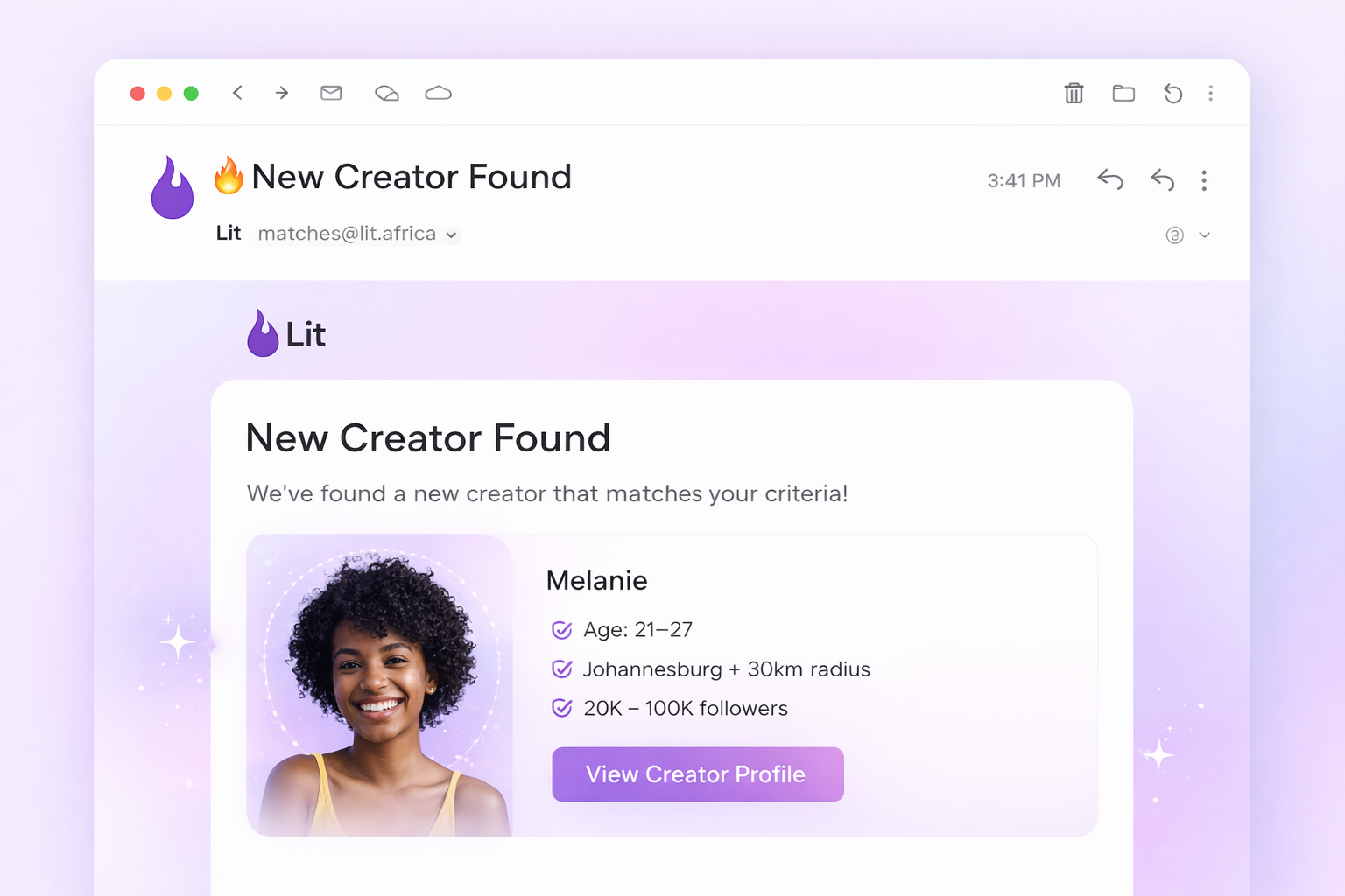 Creator Alerts showing criteria filters (size, age, location) and notifications for new matching influencers