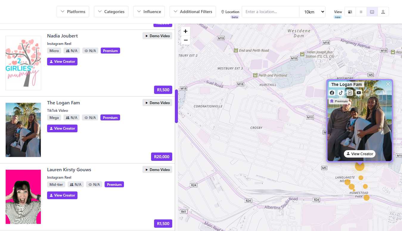 Map view of Cape Town showing clustered influencers with creator profile popup preview
