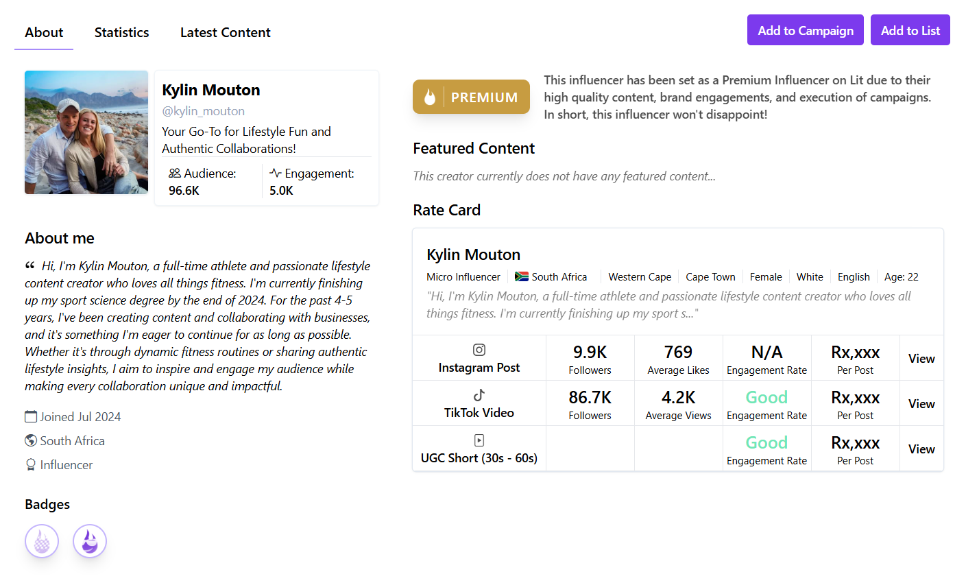 Lit influencer campaign management dashboard showing applications, approvals, content submissions, and campaign status