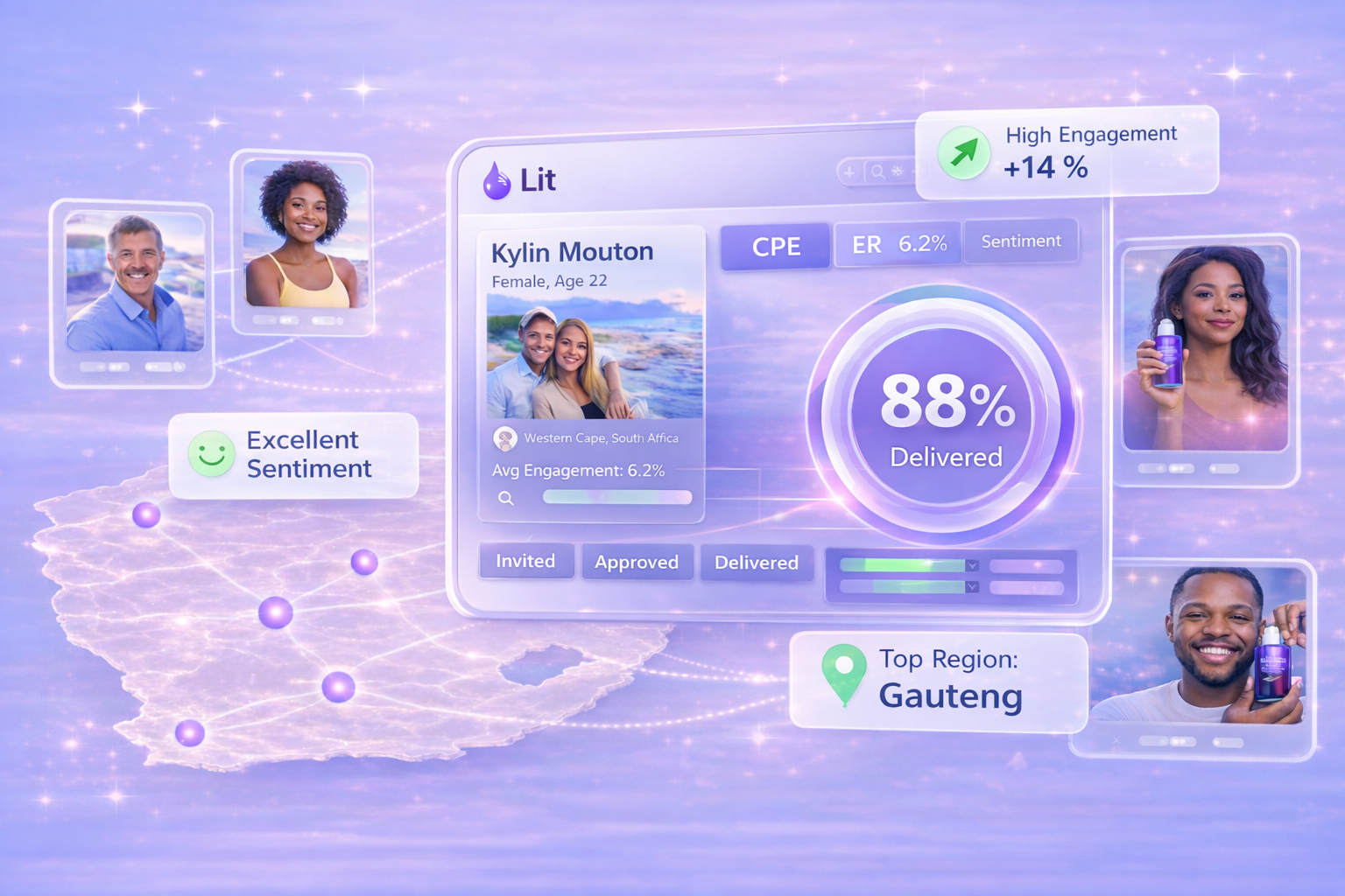 Lit Africa influencer marketing platform dashboard showing South African creators, AI sentiment insights, campaign status, engagement metrics, and location-based discovery.