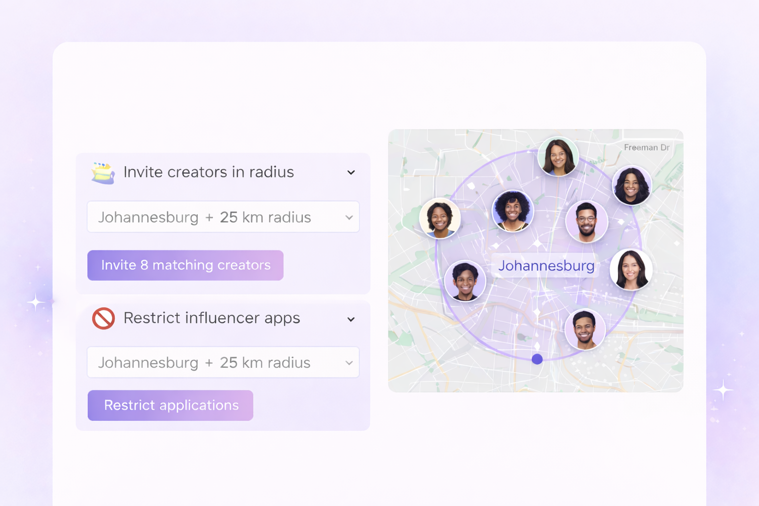 Campaign setup showing area + radius targeting, auto-invite, and restricted applications