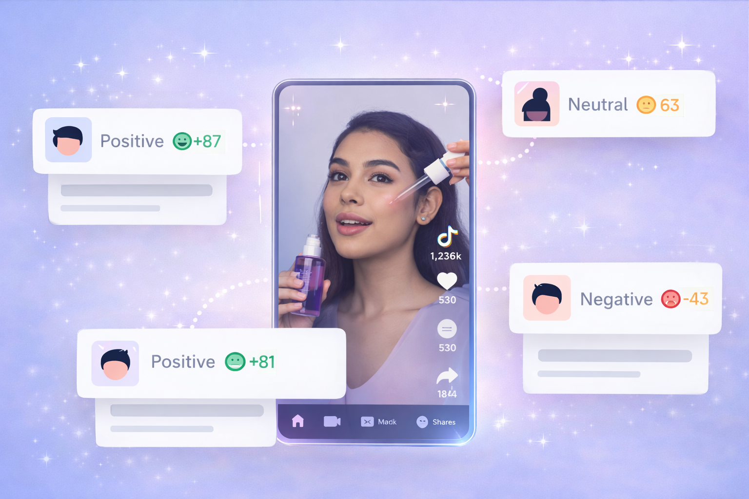 Social Listening feature showing TikTok influencer video with real-time sentiment analysis from comments.