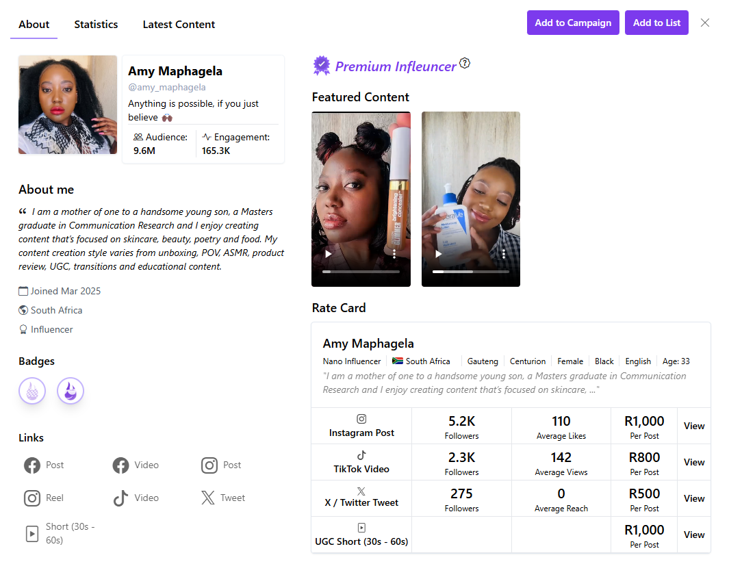 South African influencer profile on Lit showing creator Amy Maphagela, featured UGC content, audience stats, and rate card for brand collaborations