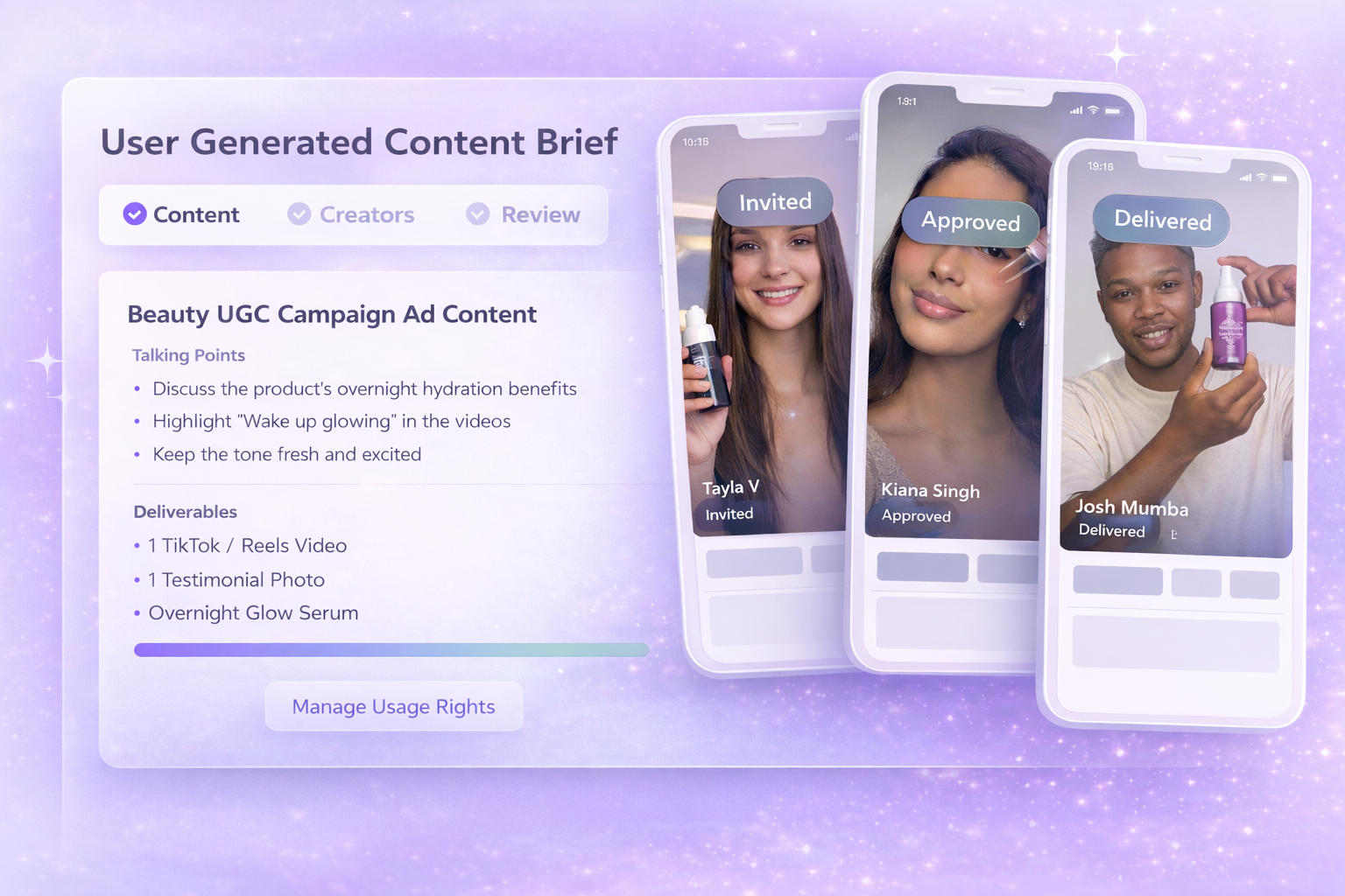 Lit UGC campaign workflow showing brief creation, creator applications, content approvals, and final delivery