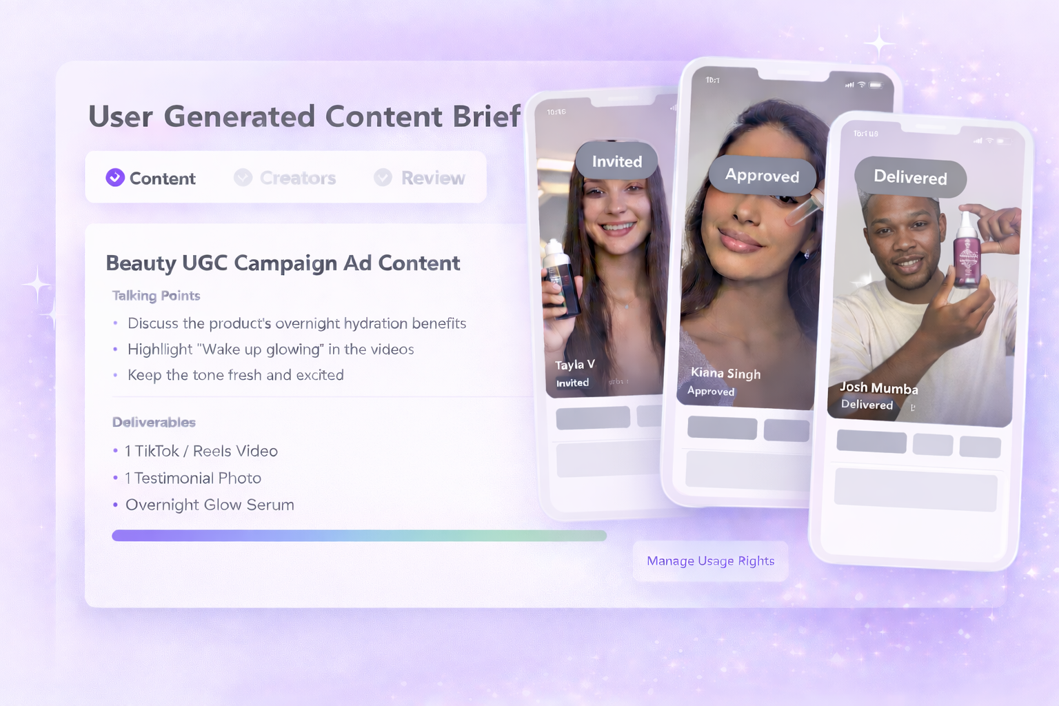 Lit UGC campaign workflow showing brief creation, creator applications, content approvals, and final delivery