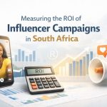 Minimal featured image showing a smartphone with a South African influencer, an ROI calculator, charts, and Rand currency, illustrating how to measure the ROI of influencer marketing campaigns in South Africa.