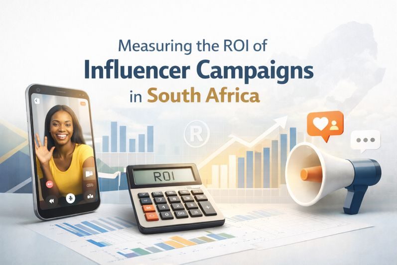 Minimal featured image showing a smartphone with a South African influencer, an ROI calculator, charts, and Rand currency, illustrating how to measure the ROI of influencer marketing campaigns in South Africa.